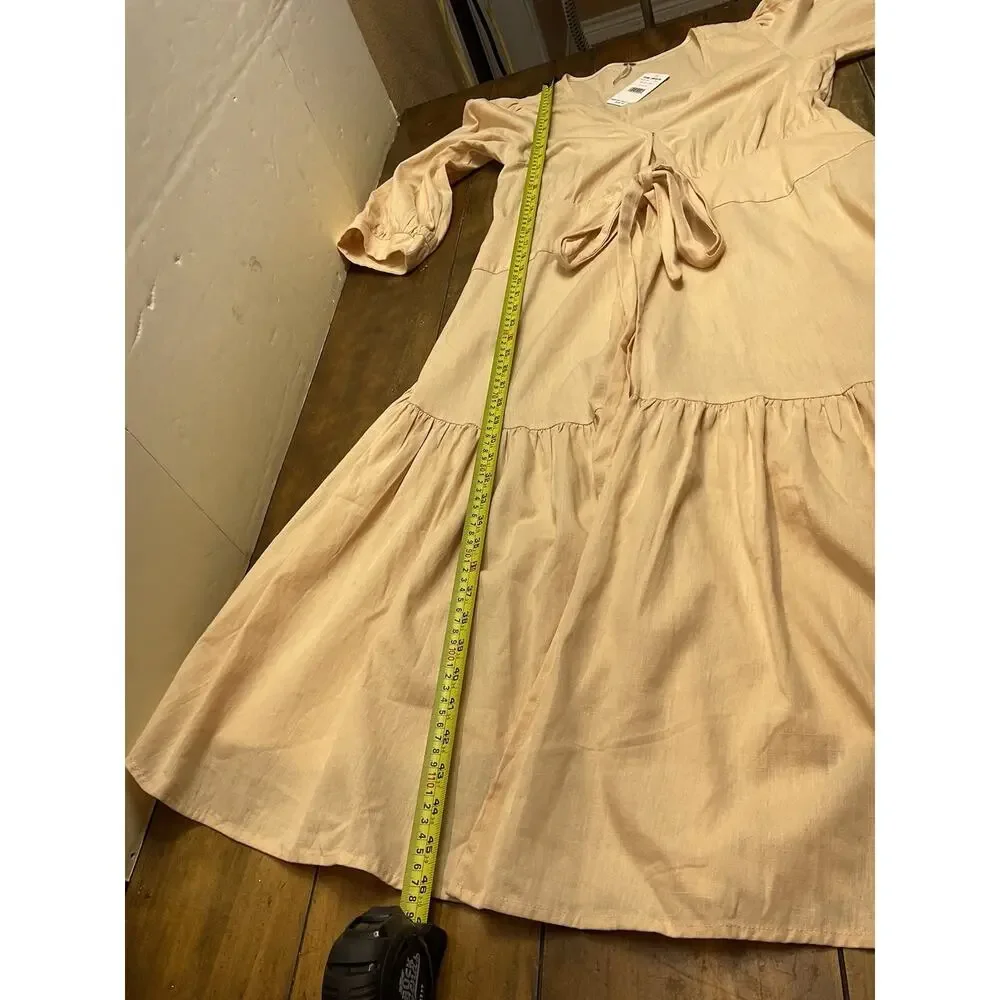 Free People Peach Linen Blend Balloon Sleeve Tiered Midi Wrap Dress Sz M Peach